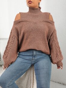 Calvaya Plus Cold Shoulder Cable Knit Jumper - Redwood - View 1