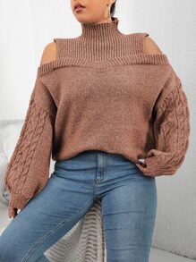 Calvaya Plus Cold Shoulder Cable Knit Jumper - Redwood - View 4