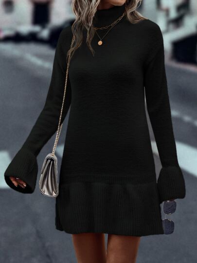 SHEIN Unity Turtleneck Flounce Cuff Ruffle Hem Sweater Dress