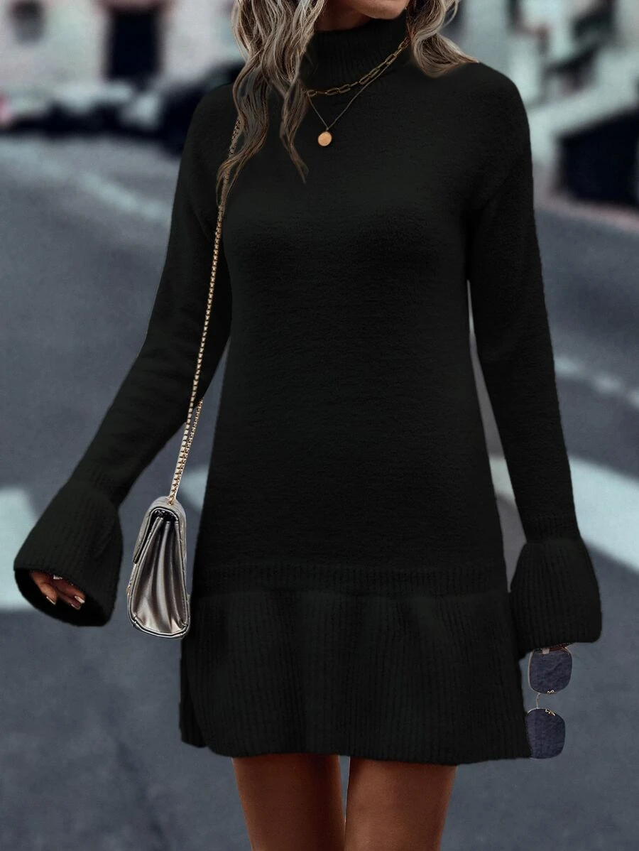 SHEIN Unity Turtleneck Flounce Cuff Ruffle Hem Sweater Dress - Black - View 1