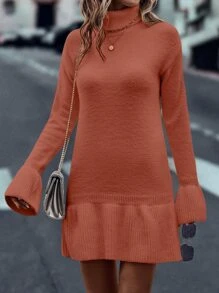 SHEIN Unity Turtleneck Flounce Cuff Ruffle Hem Jumper Dress - Rust Brown - View 1