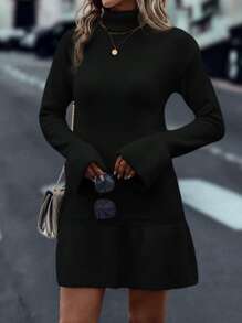 SHEIN Unity Turtleneck Flounce Cuff Ruffle Hem Sweater Dress - Black - View 3