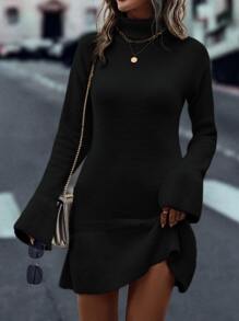 SHEIN Unity Turtleneck Flounce Cuff Ruffle Hem Sweater Dress - Black - View 4