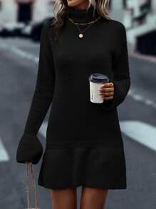 SHEIN Unity Turtleneck Flounce Cuff Ruffle Hem Sweater Dress - Black - View 5