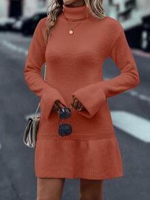 SHEIN Unity Turtleneck Flounce Cuff Ruffle Hem Jumper Dress - Rust Brown - View 3
