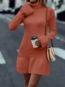 SHEIN Unity Turtleneck Flounce Cuff Ruffle Hem Jumper Dress - Rust Brown - View 4