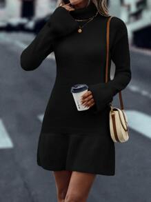 SHEIN Unity Turtleneck Flounce Cuff Ruffle Hem Sweater Dress - Black - View 6