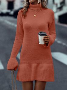 SHEIN Unity Turtleneck Flounce Cuff Ruffle Hem Jumper Dress - Rust Brown - View 6