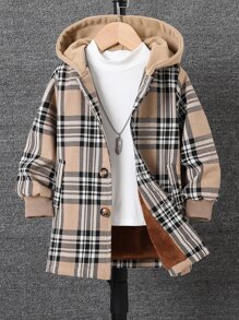 小男童格紋印花毛絨內襯連帽外套不帶T恤