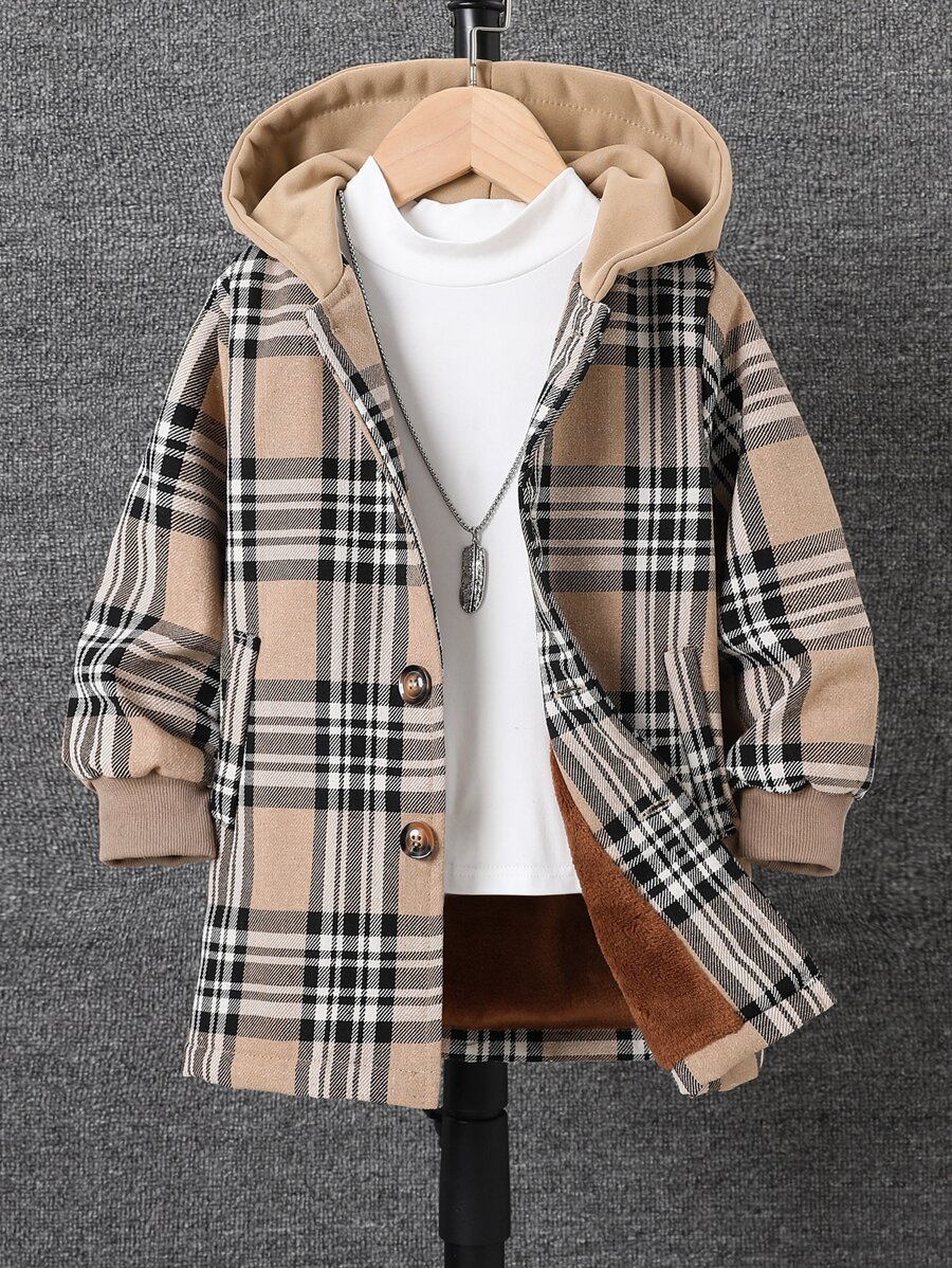 小男童格紋印花毛絨內襯連帽外套不帶T恤