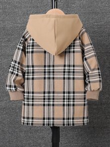 小男童格紋印花毛絨內襯連帽外套不帶T恤