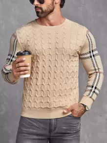 Manfinity VCAY Hombres Jersey con patrón de cuadros tejido de cable - Caqui - Ver 1