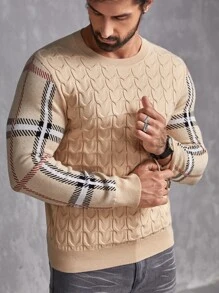 Manfinity VCAY Hombres Jersey con patrón de cuadros tejido de cable - Caqui - Ver 3