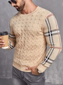 Manfinity VCAY Hombres Jersey con patrón de cuadros tejido de cable - Caqui - Ver 5