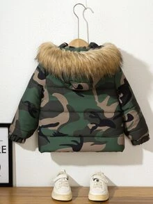 Young Boy Camo Print Fuzzy Trim Hooded Padded Coat Without Tee - Multicolor - View 2