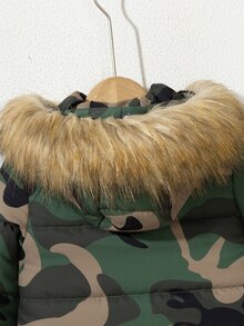 Young Boy Camo Print Fuzzy Trim Hooded Padded Coat Without Tee - Multicolor - View 4