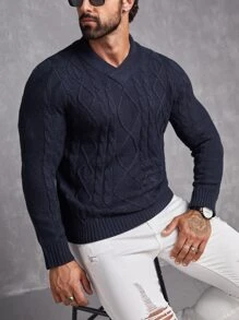 GENTILAND Men V Neck Cable Knit Jumper - Navy Blue - View 6