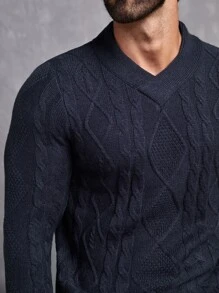 GENTILAND Men V Neck Cable Knit Jumper - Navy Blue - View 4