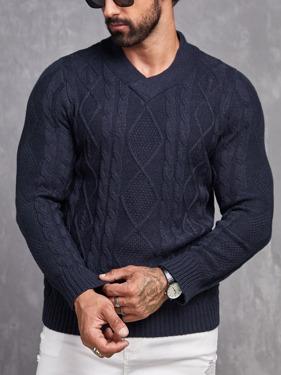 GENTILAND Men V Neck Cable Knit Jumper - Navy Blue - View 1