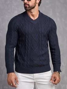 GENTILAND Men V Neck Cable Knit Jumper - Navy Blue - View 5