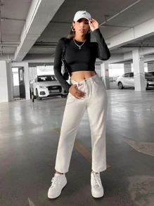 SHEIN BAE 露背繫帶短款T恤 - 黑色 - 查看 4