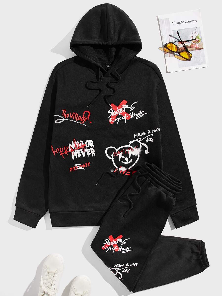 EASEVO Bộ hai mảnh Nam Túi Dây kéo Hoạt hình Lá thư Giải trí - màu đen - Xem 1