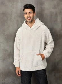 Men Solid Hooded Teddy Sweatshirt - Beige - View 1