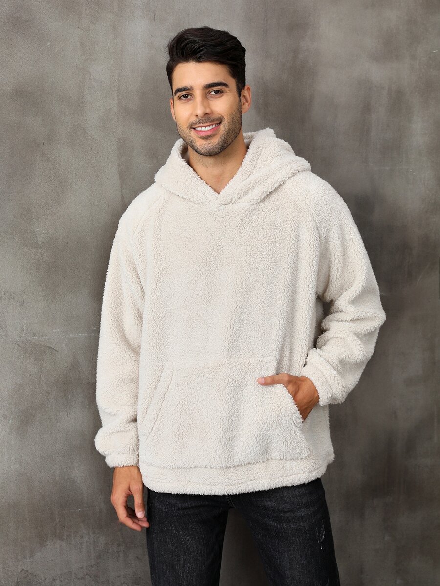 Men Solid Hooded Teddy Sweatshirt - Beige - View 1