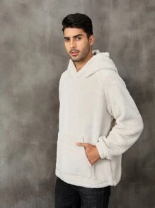 Men Solid Hooded Teddy Sweatshirt - Beige - View 5