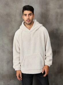 Men Solid Hooded Teddy Sweatshirt - Beige - View 6
