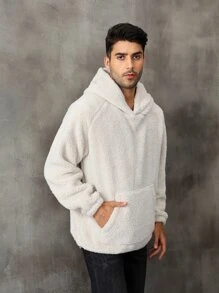 Men Solid Hooded Teddy Sweatshirt - Beige - View 7
