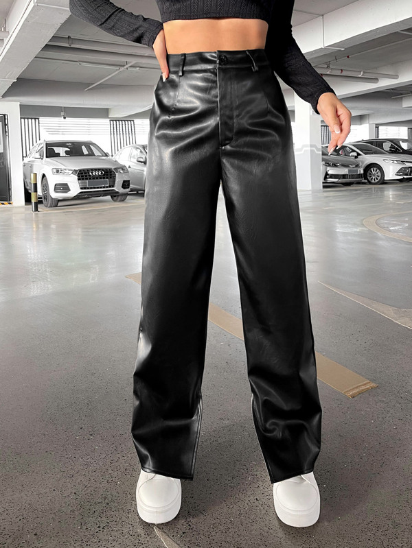 SHEIN Coolane High Waist Straight Leg PU Leather Pants SHEIN USA