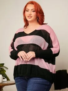 SHEIN CURVE+ Plus Colour Block Batwing Sleeve Jumper - Multicolor - View 5