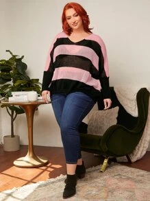 SHEIN CURVE+ Plus Colour Block Batwing Sleeve Jumper - Multicolor - View 6