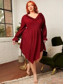 SHEIN CURVE+ Vestido ribete con fruncido de manga con volante - Burdeos - Ver 5