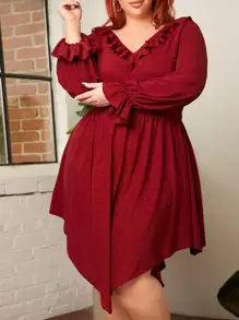 SHEIN CURVE+ Vestido ribete con fruncido de manga con volante - Burdeos - Ver 1