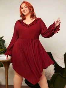 SHEIN CURVE+ Vestido ribete con fruncido de manga con volante - Burdeos - Ver 2