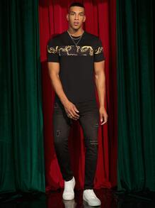 Manfinity VCAY 男士錬條圖案T恤 - 黑色 - 查看 4