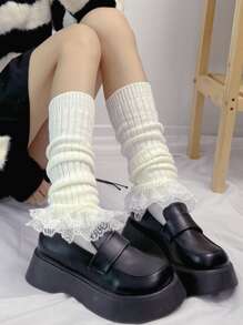ROMWE Kawaii Lace Panel Ruffle Trim Leg Warmers - White - View 1
