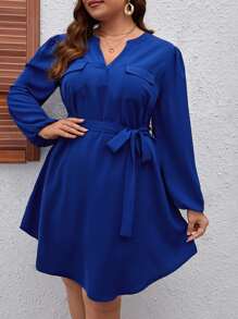 SHEIN Clasi Plus Notched Neckline Flap Pocket Belted Dress - Royal Blue - View 1
