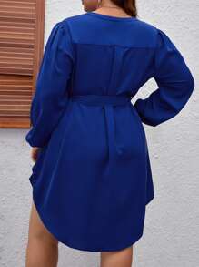 SHEIN Clasi Plus Notched Neckline Flap Pocket Belted Dress - Royal Blue - View 2