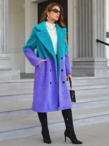 SHEIN Essnce Two Tone Double Breasted Teddy Coat - Multicolor - View 4