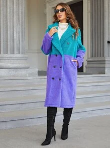 SHEIN Essnce Two Tone Double Breasted Teddy Coat - Multicolor - View 5