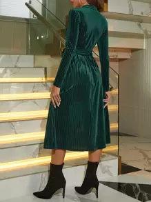 SHEIN Clasi Mock Neck Belted Flannelette Dress - Dark Green - View 2