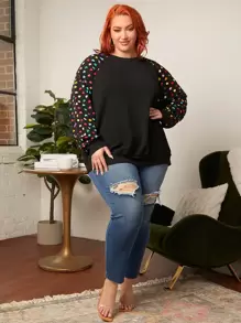 SHEIN CURVE+ Plus Heart Print Raglan Sleeve Pullover - Black - View 4