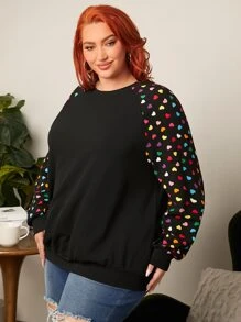SHEIN CURVE+ Plus Heart Print Raglan Sleeve Pullover - Black - View 6