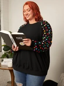 SHEIN CURVE+ Plus Heart Print Raglan Sleeve Pullover - Black - View 2
