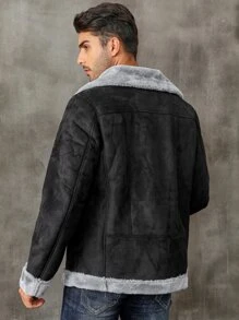 Men Zip Up Lapel Neck Teddy Lined Coat - Black - View 2