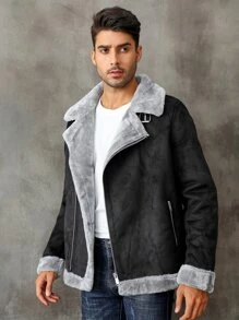 Men Zip Up Lapel Neck Teddy Lined Coat - Black - View 3