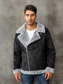 Men Zip Up Lapel Neck Teddy Lined Coat - Black - View 4